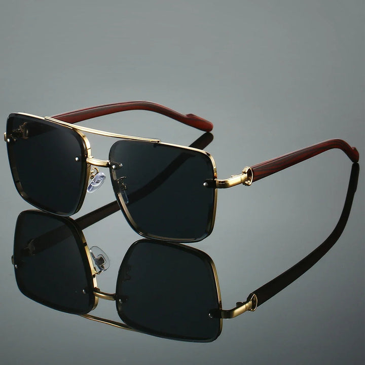 Unisex gold-tone aviator sunglasses with stylish woodgrain arms for UV protection.