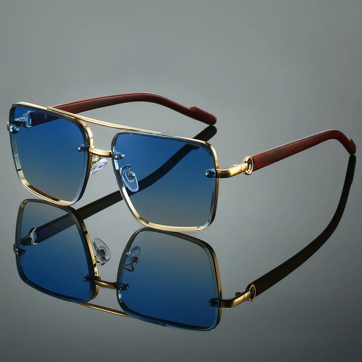 Fashionable gold aviator sunglasses, unisex design, featuring unique woodgrain arms.