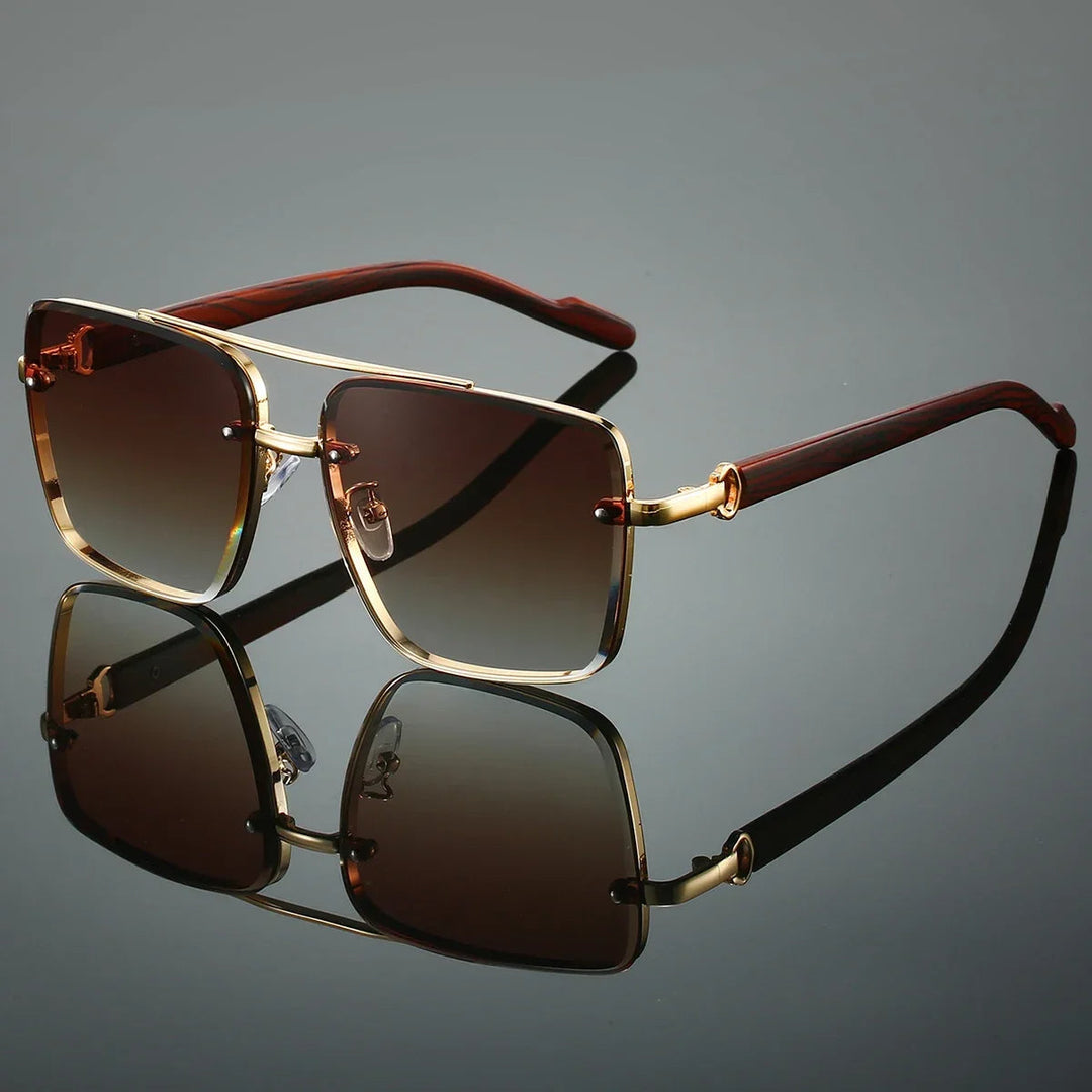 Stylish gold-tone aviator sunglasses with distinctive woodgrain arms, offering UV protection.