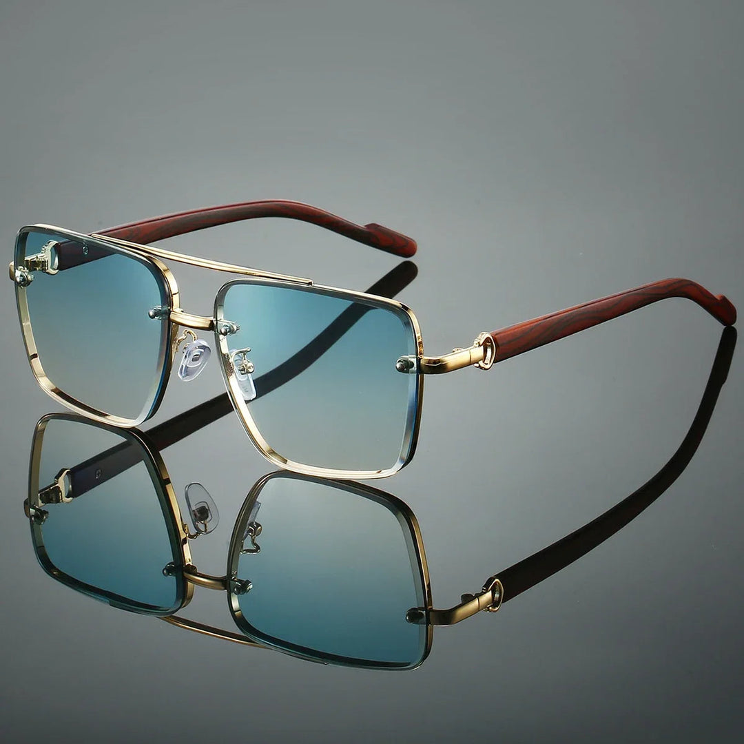 Unisex gold aviator sunglasses, chic accessories with elegant woodgrain arms.