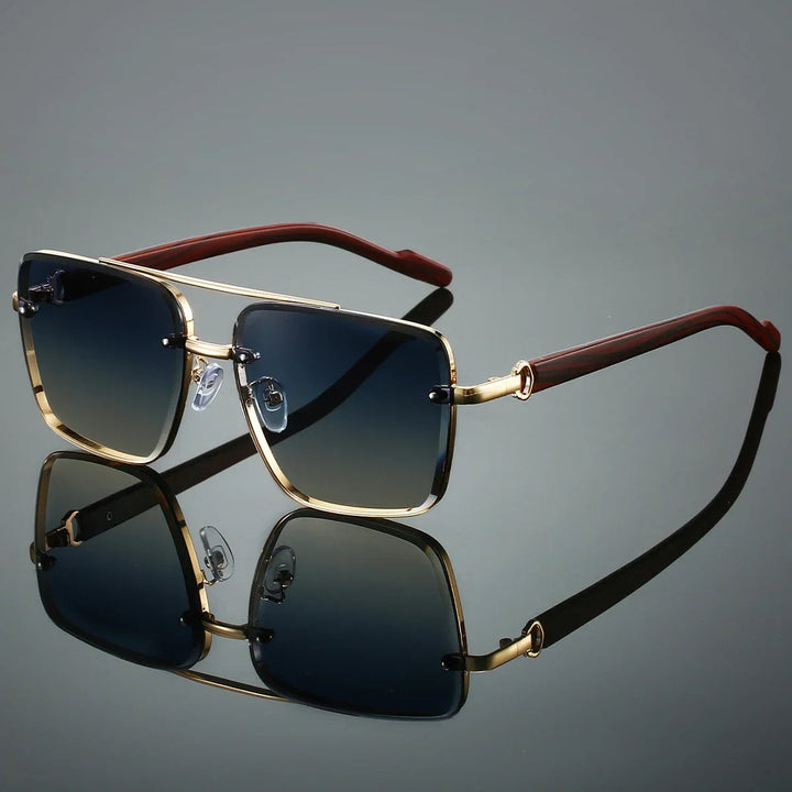Gold-tone aviator sunglasses, a stylish and unisex eyewear choice with woodgrain detail.