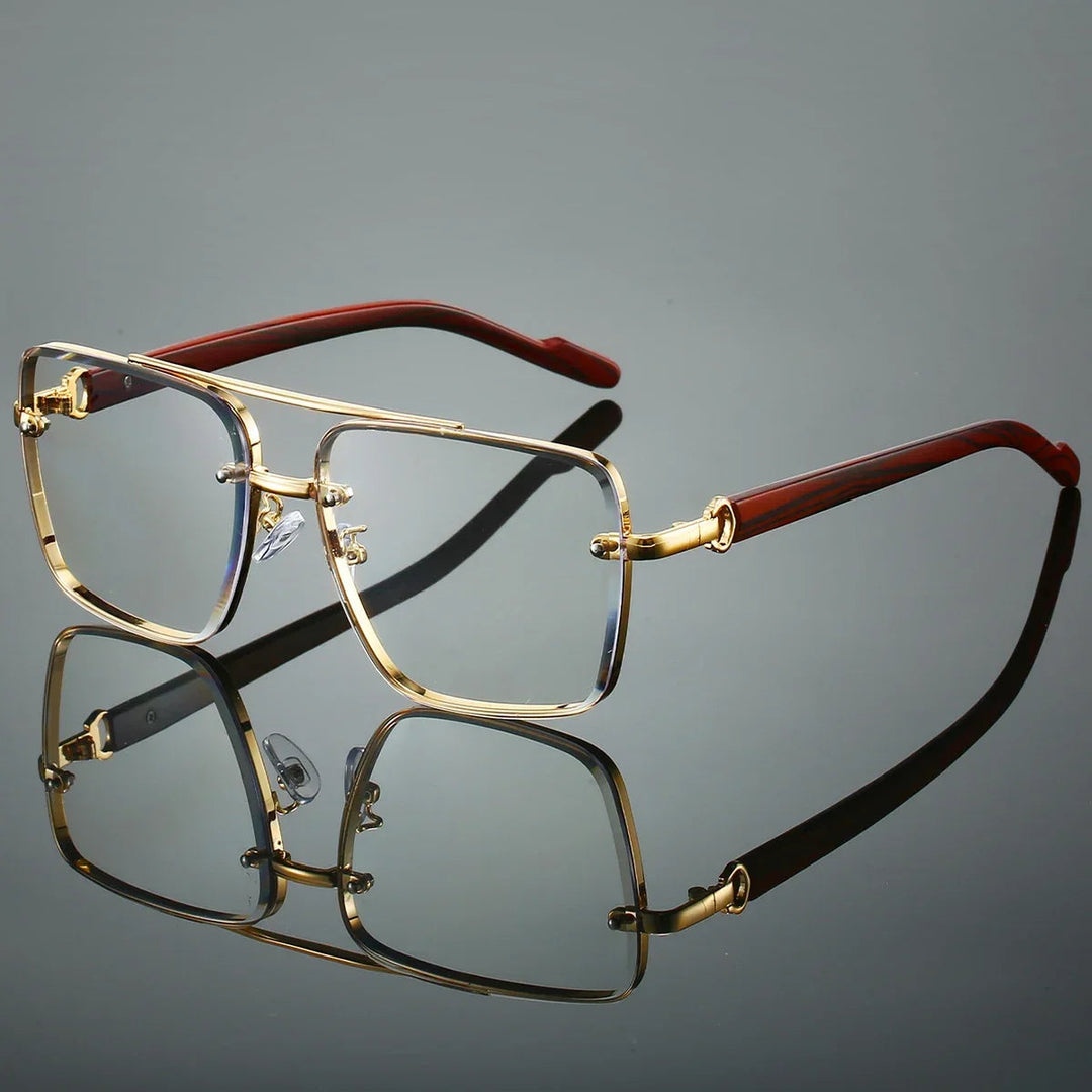Sleek gold-tone aviator sunglasses, unisex, featuring rich woodgrain arms and UV protection.