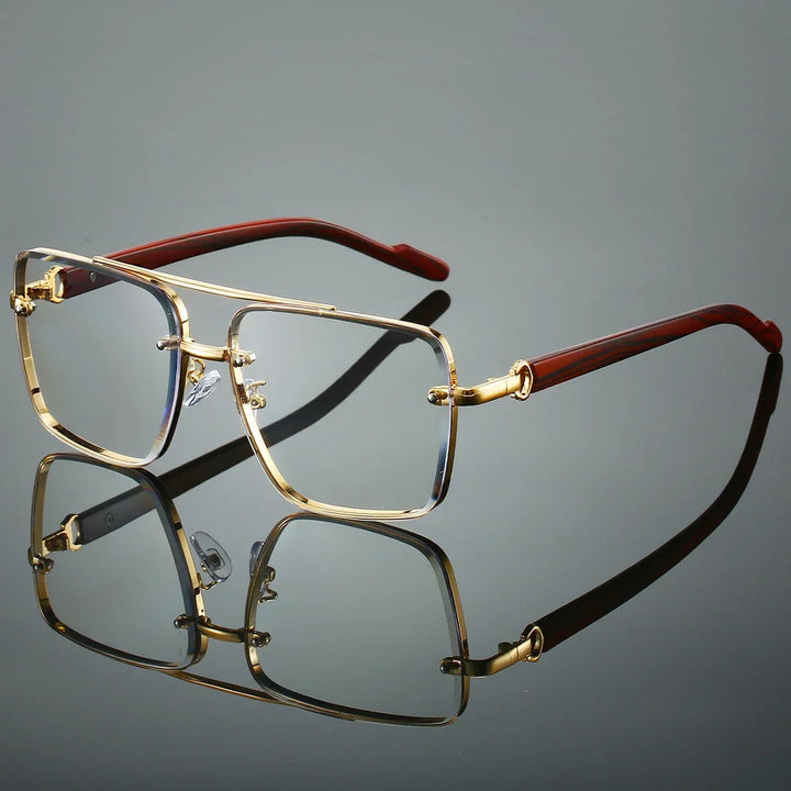 Sleek gold-tone aviator sunglasses, unisex, featuring rich woodgrain arms and UV protection.