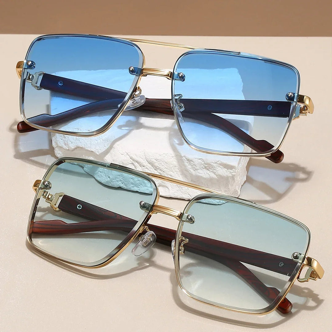 Stylish unisex gold aviator sunglasses with sophisticated woodgrain arms, a fashion accessory.