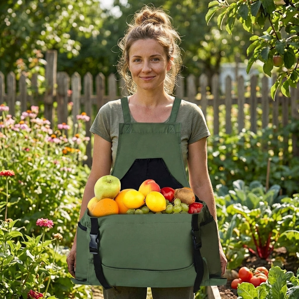 Green utility apron for gardeners, featuring deep pockets for organized tool storage. Perfect unisex gift for outdoor work.