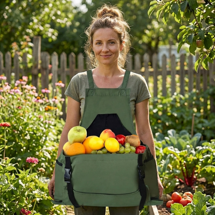 Green utility apron for gardeners, featuring deep pockets for organized tool storage. Perfect unisex gift for outdoor work.