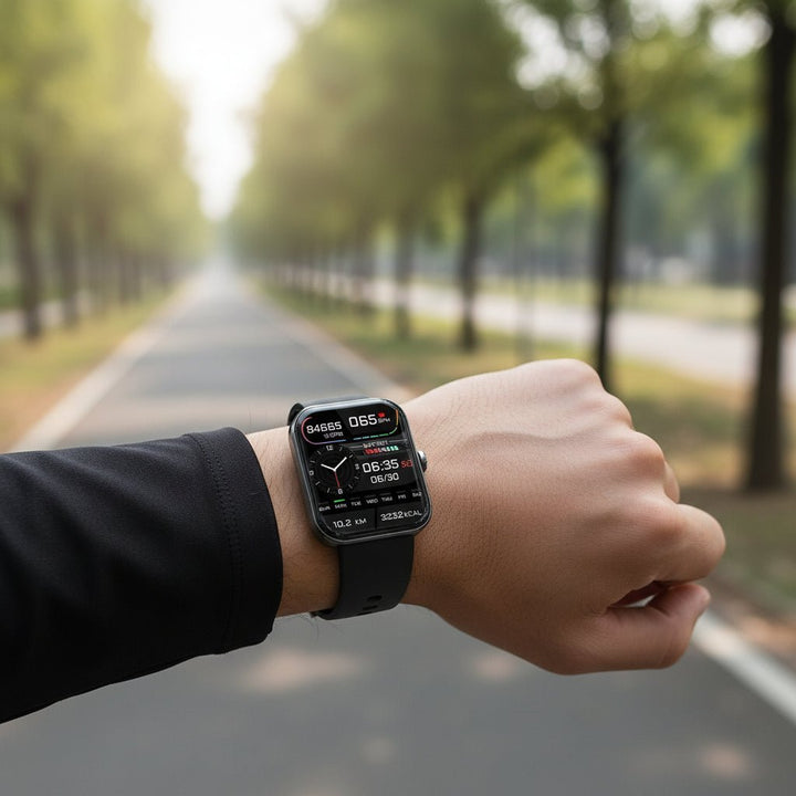 Smartwatch with non-invasive blood glucose monitor & vital tracking for comprehensive daily health management.