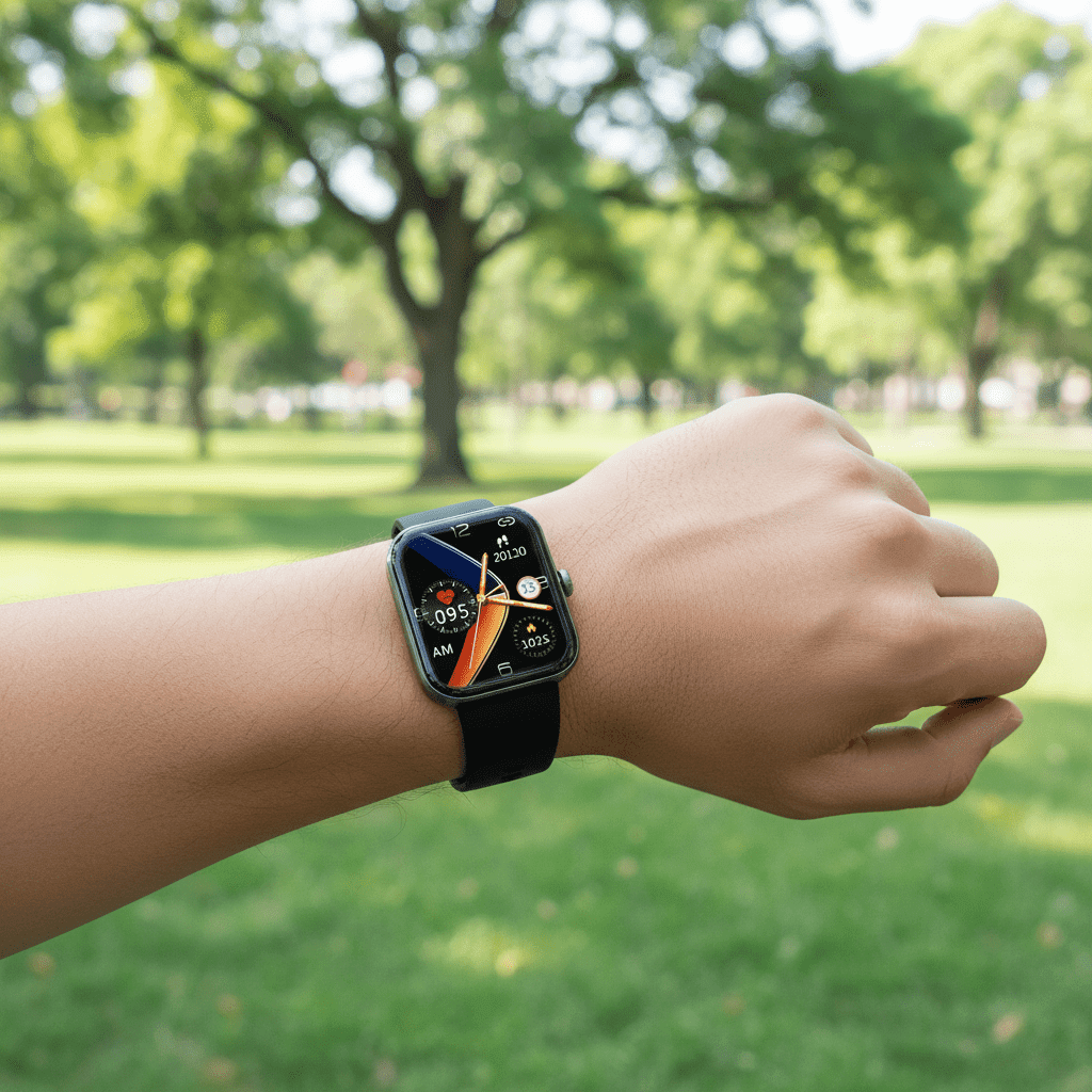 Non-invasive blood sugar monitoring smartwatch, tracks heart rate, blood pressure, sleep for improved health.