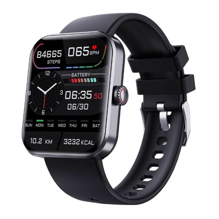 Close-up of smartwatch display showing non-invasive blood sugar, heart rate, and blood pressure readings.