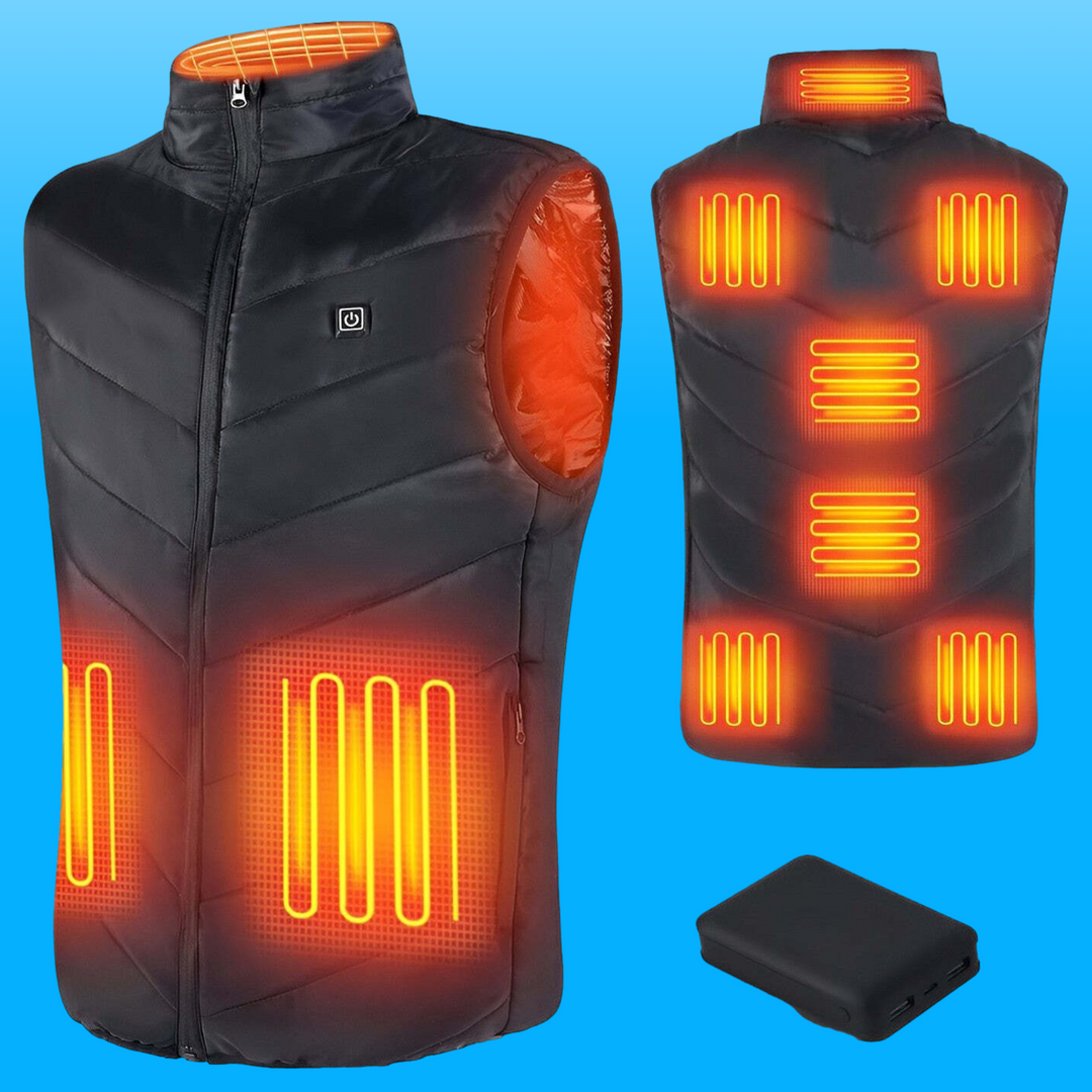 "Unisex heated vest with USB charging in black, featuring 4 heat zones for efficient warmth, ideal for cold outdoor activitie
