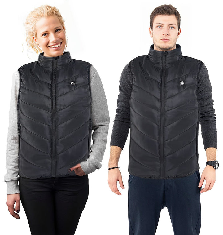"Unisex heated vest with USB charging in black, featuring 4 heat zones for efficient warmth, ideal for cold outdoor activitie