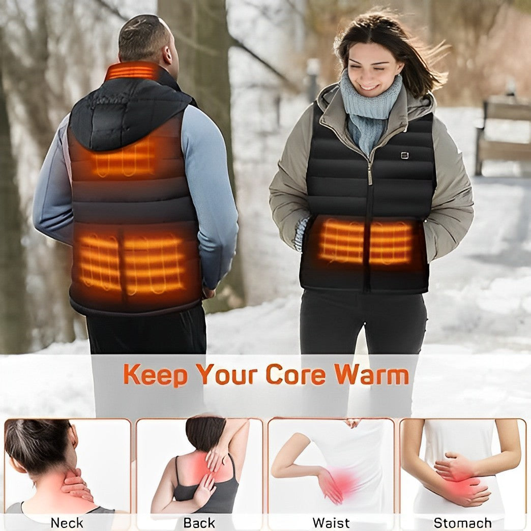 "Unisex heated vest with USB charging in black, featuring 4 heat zones for efficient warmth, ideal for cold outdoor activitie
