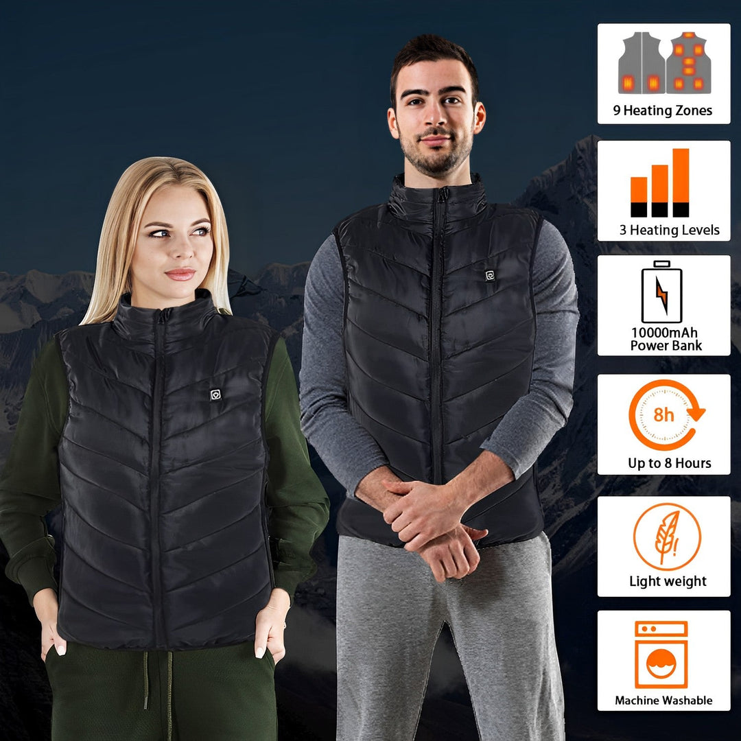 "Unisex heated vest with USB charging in black, featuring 4 heat zones for efficient warmth, ideal for cold outdoor activitie