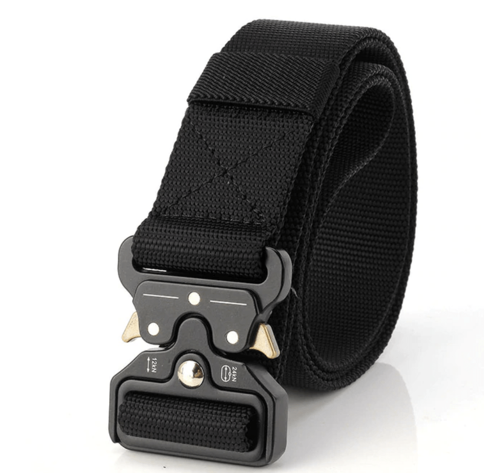 Unisex heavy-duty military belt with quick-release buckle, black nylon tactical webbing for outdoor use