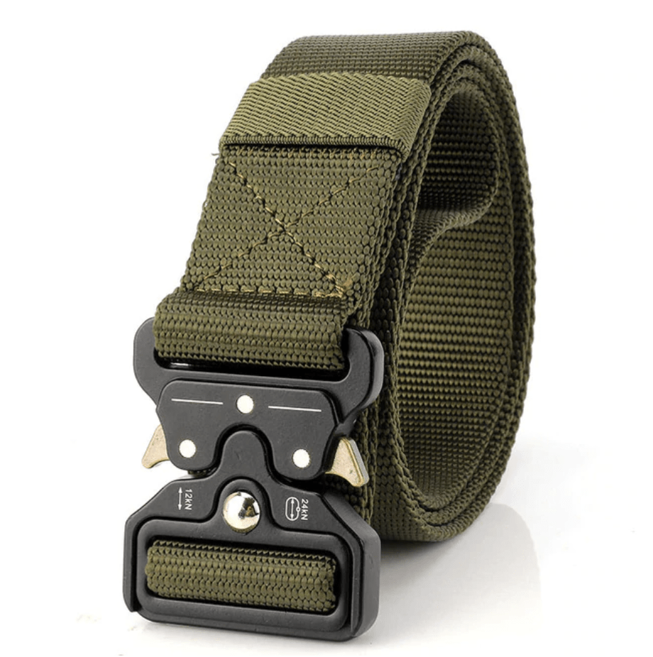 Close-up of quick-release buckle on a black unisex tactical military belt, durable nylon webbing