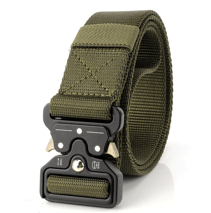 Close-up of quick-release buckle on a black unisex tactical military belt, durable nylon webbing