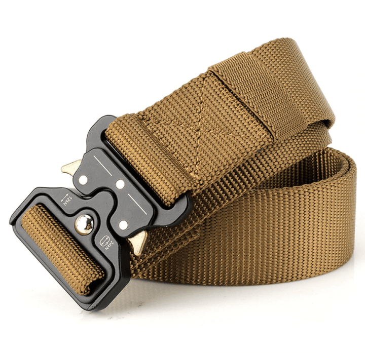 Side view of a black unisex quick-release military belt, thick nylon webbing for heavy-duty use