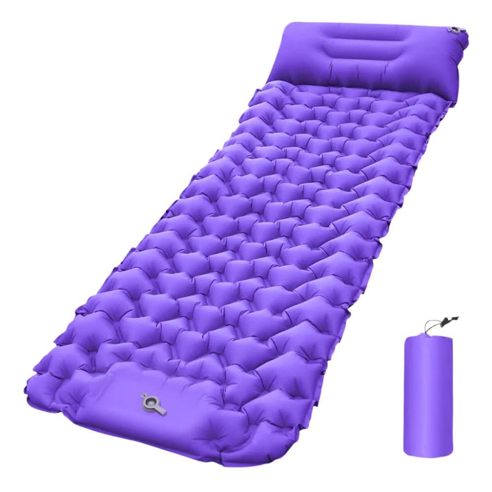 Adventure camping mattress; foot pump inflation, durable and waterproof for outdoor use.
