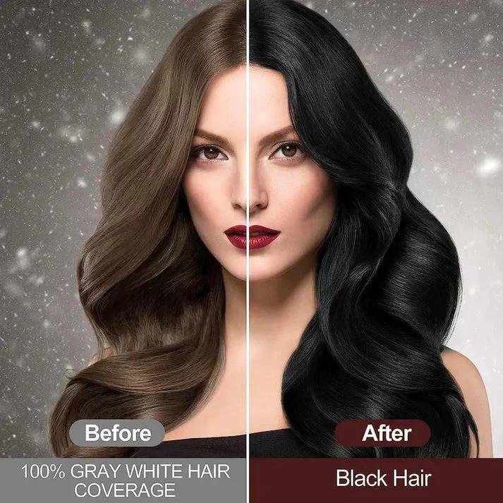 Natural black hair dye shampoo, covers gray roots instantly, providing a vibrant, youthful appearance.