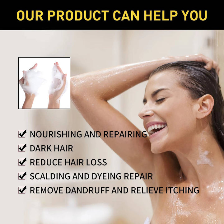 Nourishing black hair dye shampoo, easy application for instant gray coverage and natural, vibrant black hair.