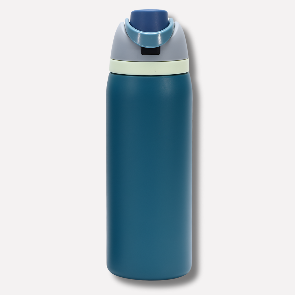 Close-up of the leakproof straw mechanism on an insulated stainless steel water bottle.