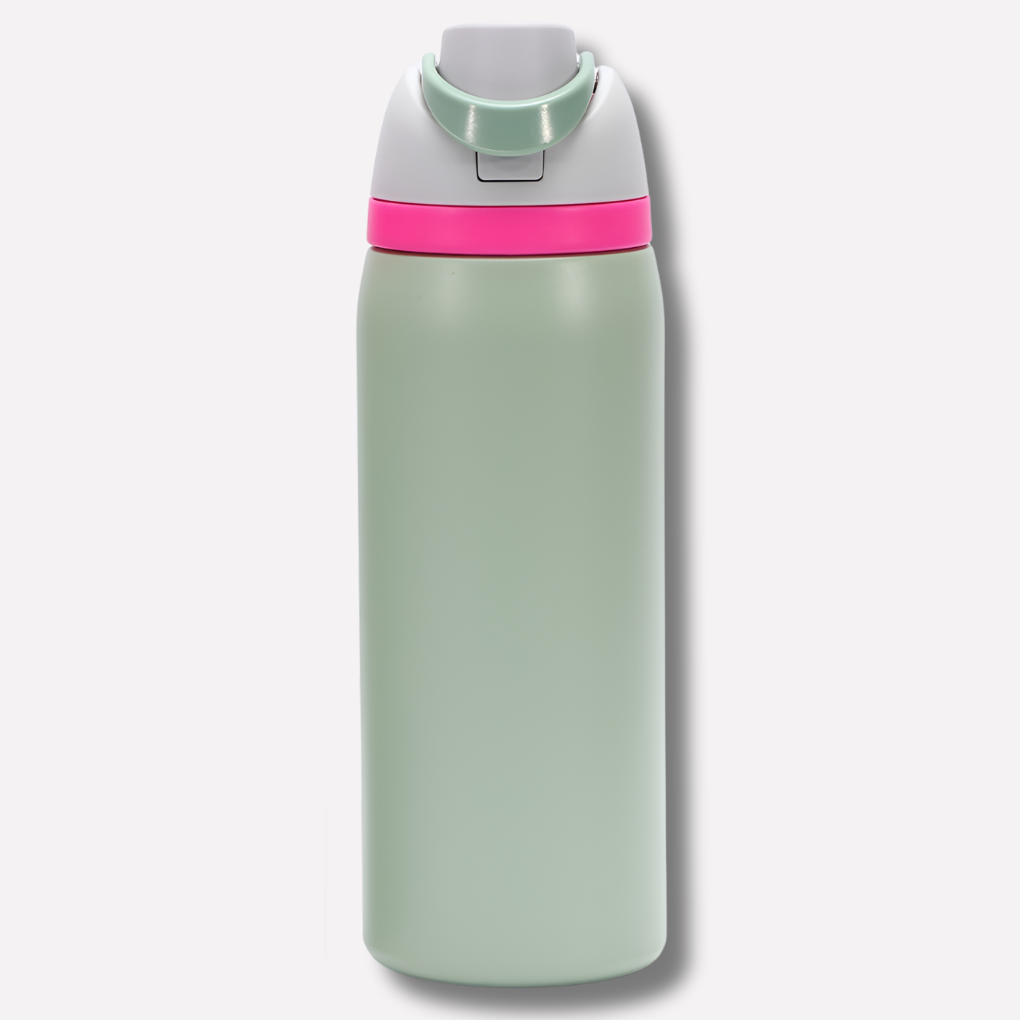 Stainless steel insulated drinkware, unisex leakproof bottle with integrated straw for cold/hot drinks.