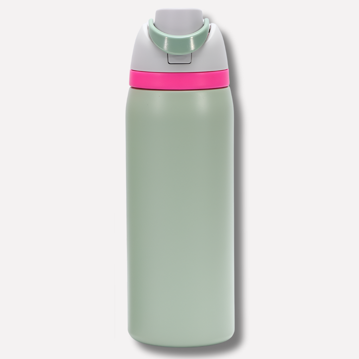 Stainless steel insulated drinkware, unisex leakproof bottle with integrated straw for cold/hot drinks.