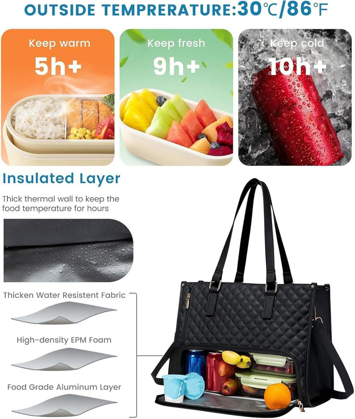 Stylish unisex insulated tote bag with separate compartments for laptop & lunch. Great for office commute.