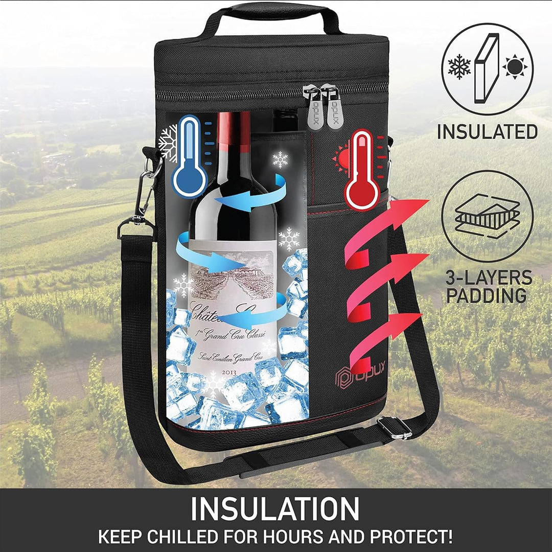 Portable canvas wine tote bag, insulated for 2 bottles; ideal travel drink cooler.