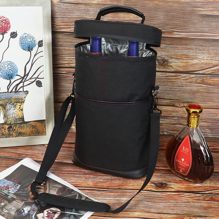 Durable insulated wine bottle holder tote for 2 standard bottles, great for travel.