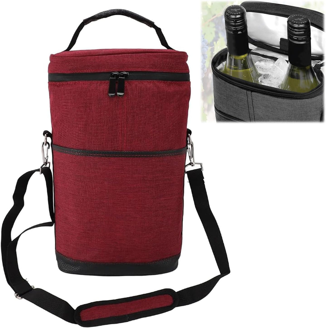Picnic wine cooler tote bag, insulated and portable, designed for 2 bottles on the go.