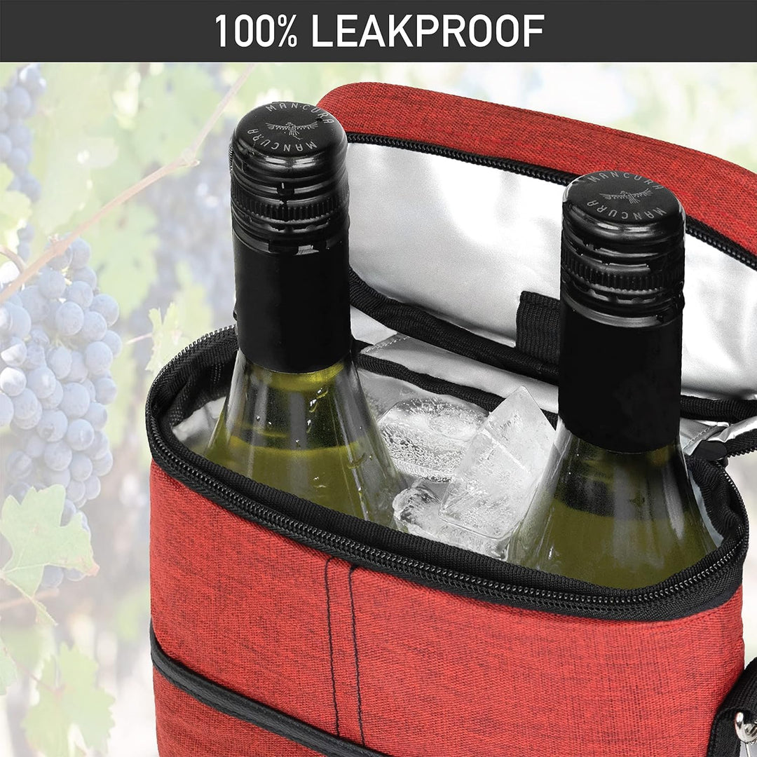 Elegant insulated wine tote bag, holds 2 bottles securely for picnics, travel, or gifting.