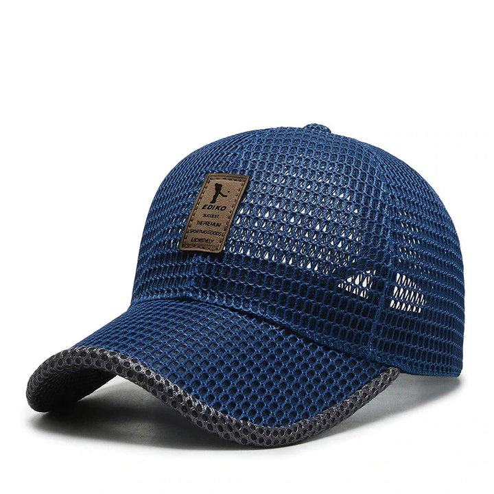 Black lightweight breathable mesh summer cap, unisex & adjustable, ideal for hiking & sun protection.