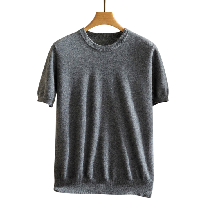 Close-up of a soft, luxurious cashmere crewneck tee, highlighting its smooth texture and premium quality.