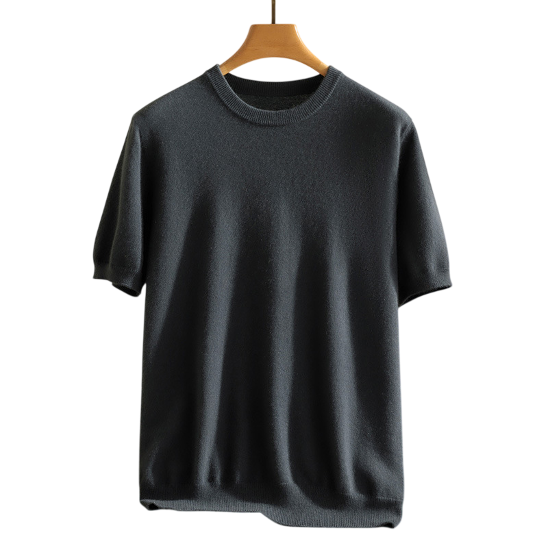 Back view of a breathable unisex luxury cashmere tee, showcasing its relaxed fit and elegant drape.