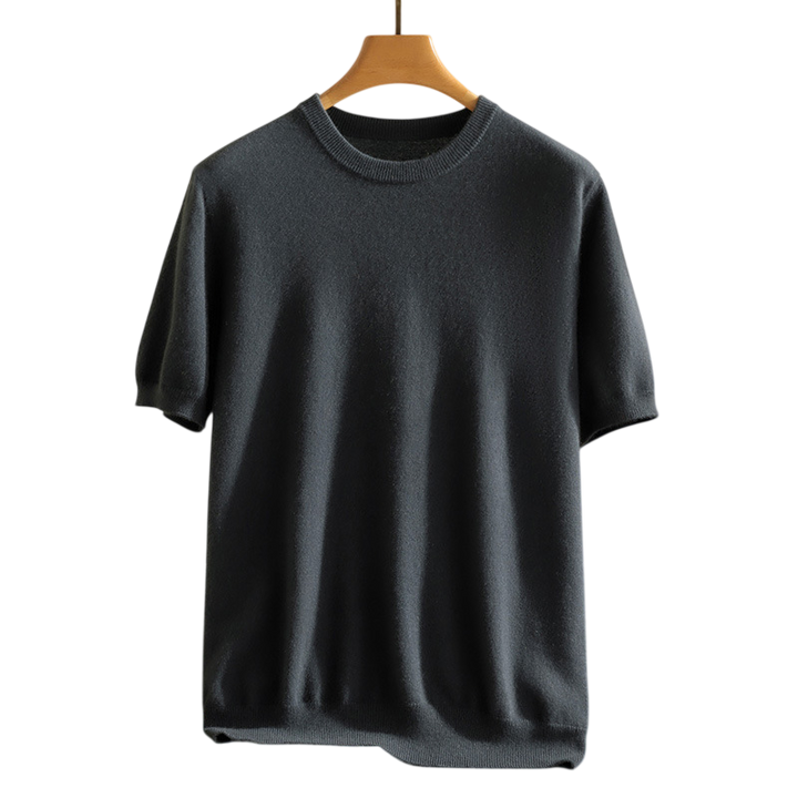 Back view of a breathable unisex luxury cashmere tee, showcasing its relaxed fit and elegant drape.