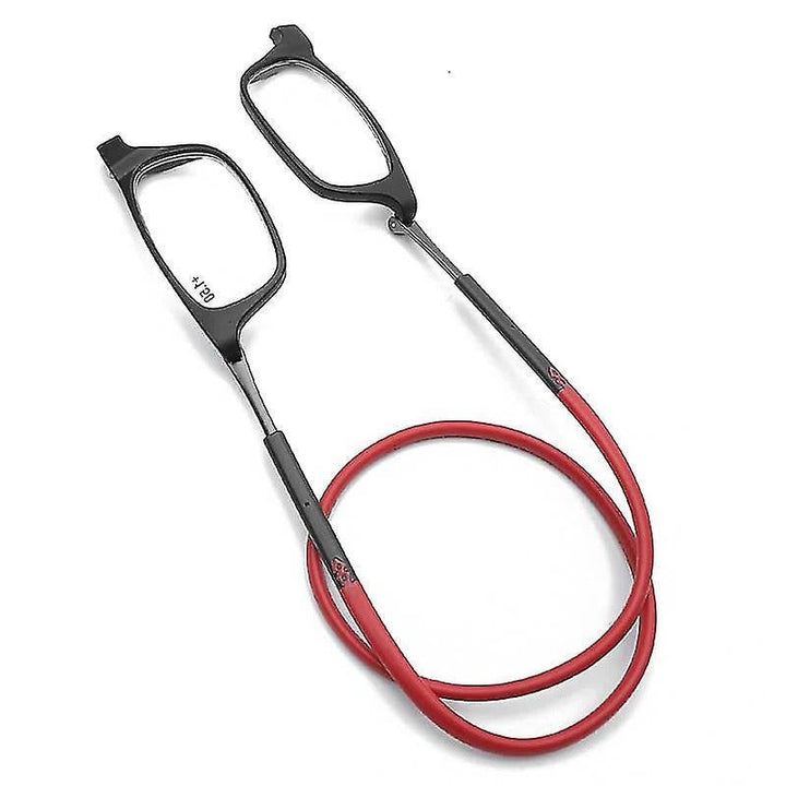 Unisex flexible reading glasses with magnetic front connection. Neck-hang design offers convenient, hands-free vision.