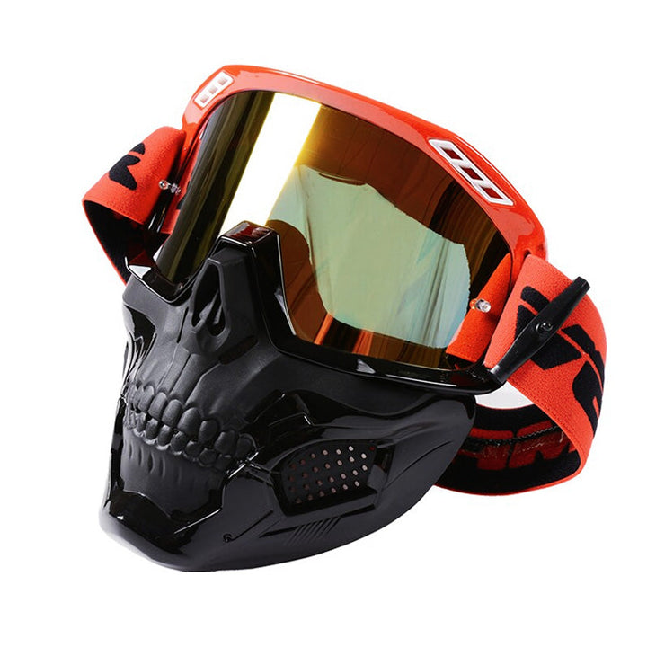 Unisex motorcycle goggles with clear lens, perfectly fitted on a matte black helmet for ultimate eye protection.