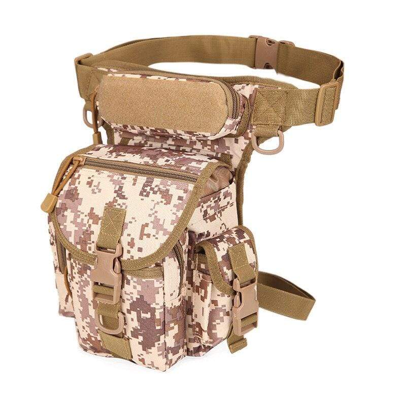 Close-up of waterproof nylon material on a tactical thigh bag, highlighting zippers & stitching