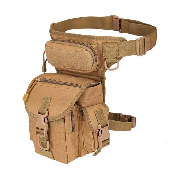 Side profile of a hiking thigh bag, demonstrating its slim design & comfortable fit during activity