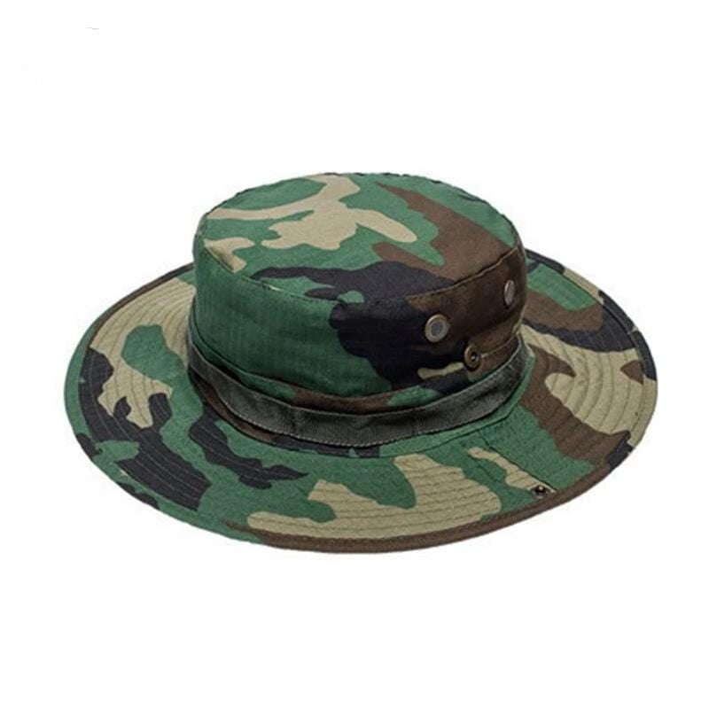 Front view of a unisex sniper hat with wide brim, featuring an adjustable neck strap for secure fit.