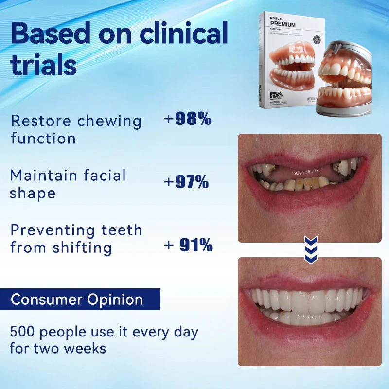 Comfort fit personalized full dentures, unisex design, promoting oral hygiene and a natural smile.