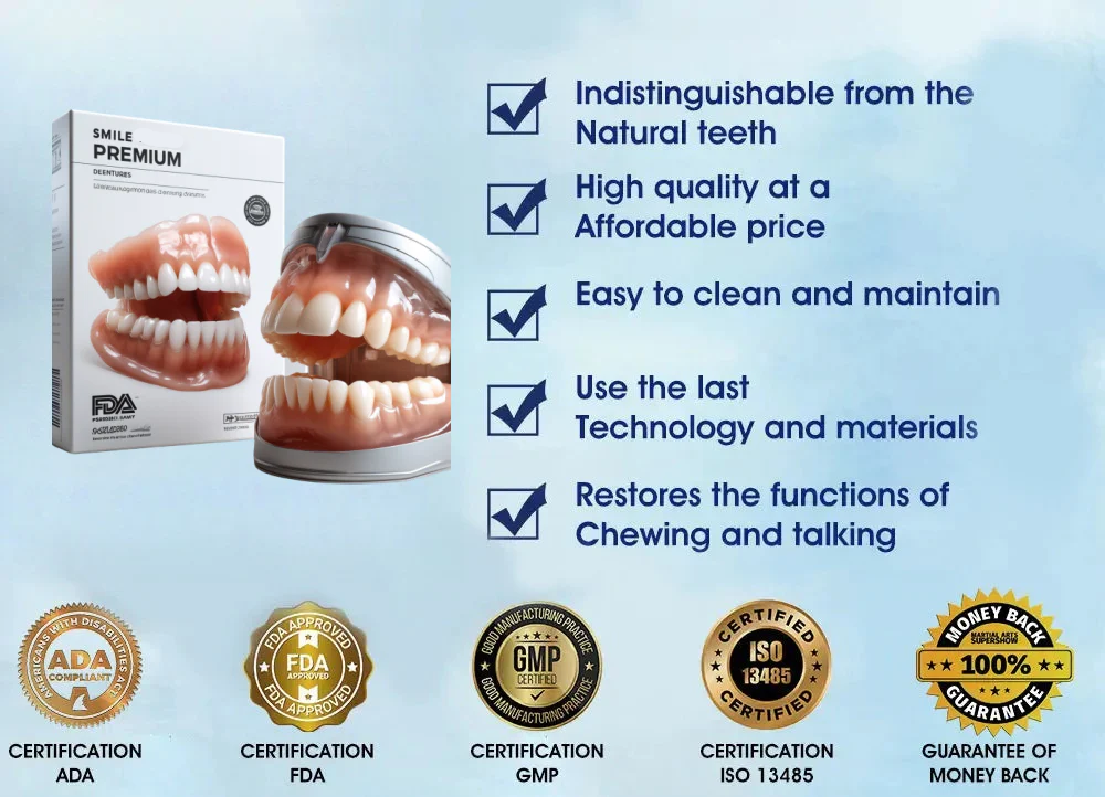 Personalized full dentures with natural ivory & white teeth, custom-made for a beautiful, confident smile.
