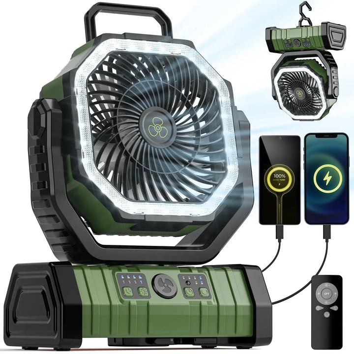 Quiet portable camping fan with bright LED light and built-in power bank. Rechargeable USB outdoor gear.