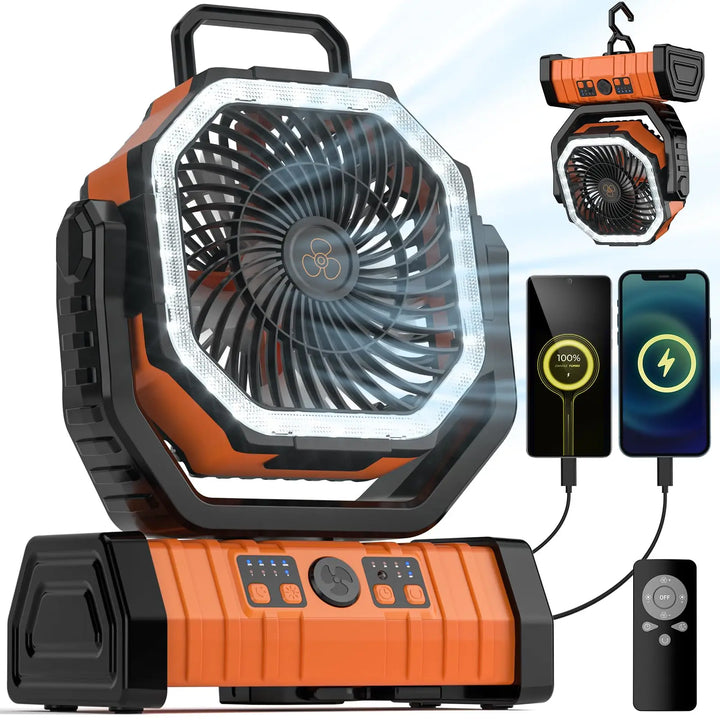 Compact portable travel fan with LED light and power bank. Rechargeable USB fan for any outdoor gear kit.