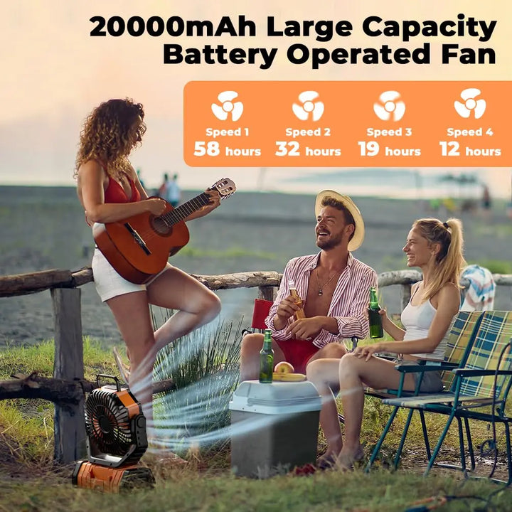Quiet portable fan, LED light, & power bank. Rechargeable USB camping fan for outdoor & emergency use.