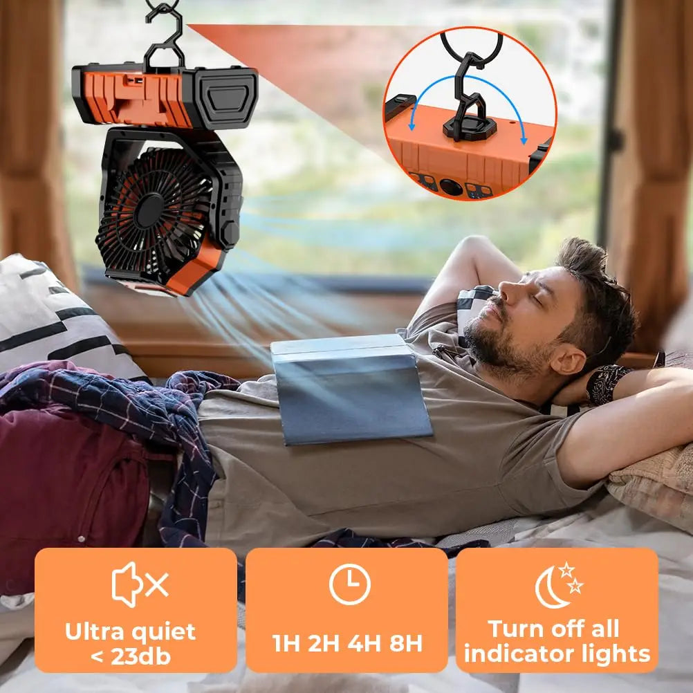 Emergency light & portable fan with power bank. Rechargeable USB fan, perfect for camping & power outages.