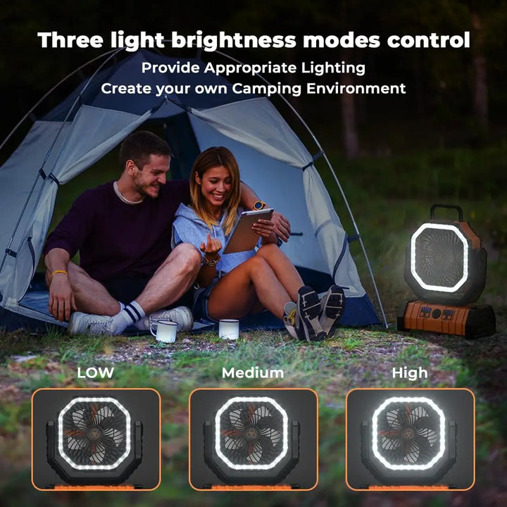 Versatile portable fan with LED light & power bank. Rechargeable USB for camping, travel, emergency light.
