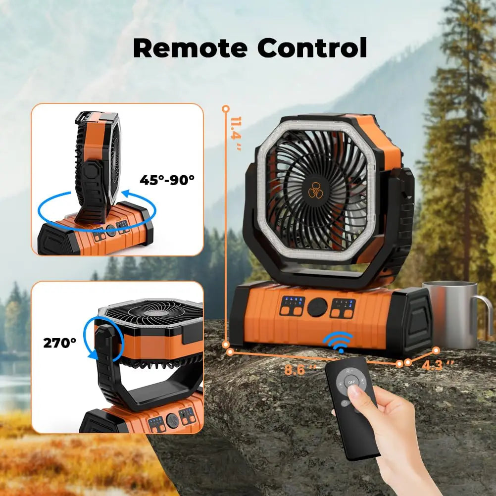Sleek portable camping fan with integrated LED light & power bank. Quiet rechargeable USB outdoor gear.