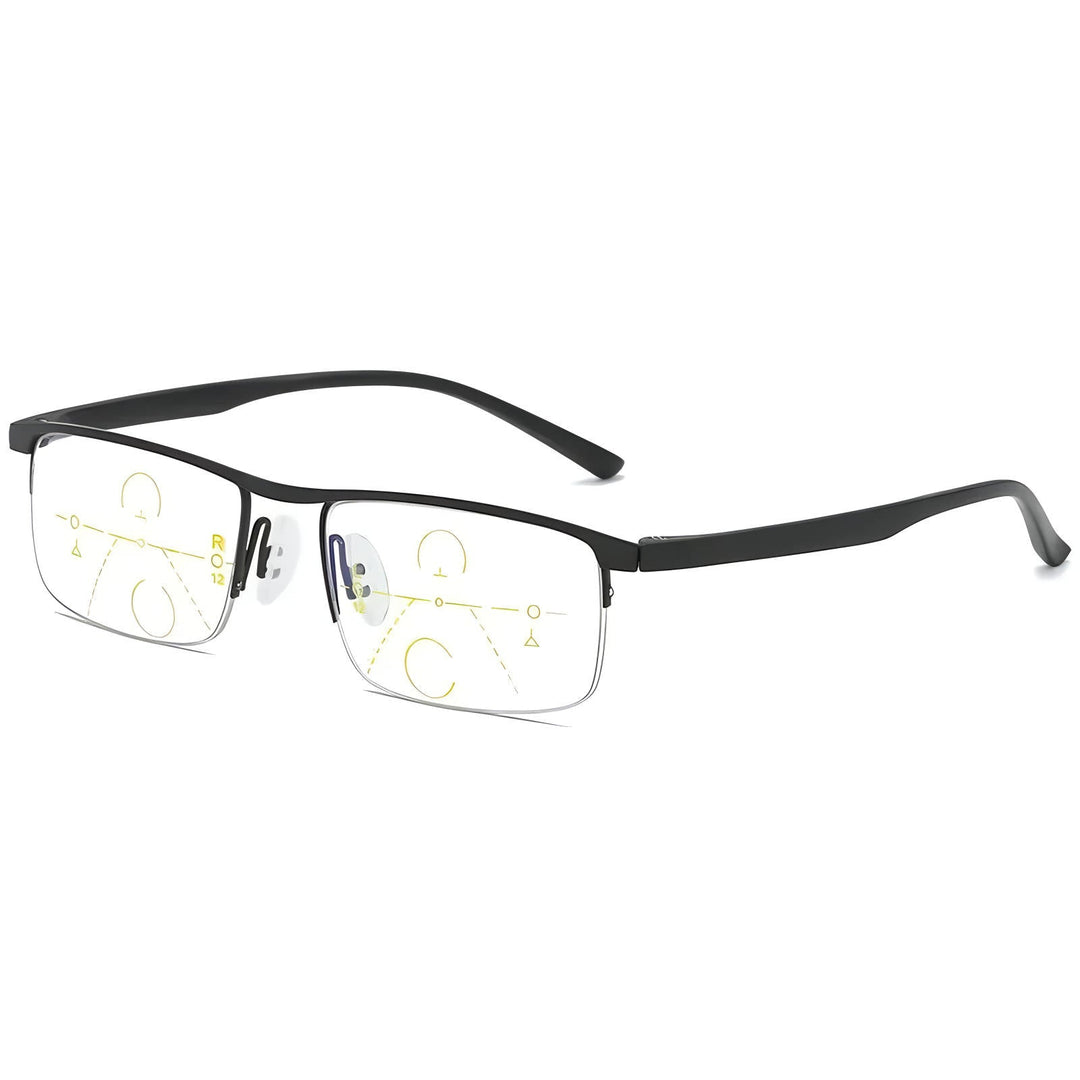 All-in-one unisex progressive glasses: distance, reading, blue light filter, UV protection & anti-glare.